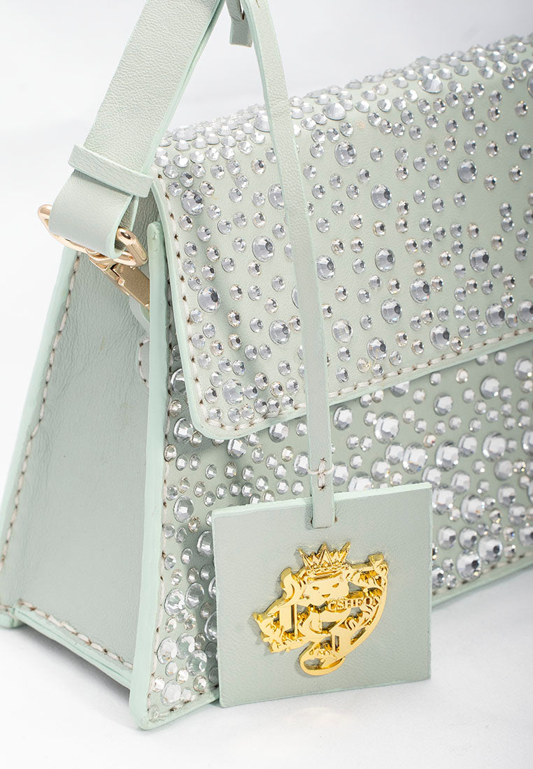 Pastel Blue Rhinestone Flap Bag in Genuine Lambskin Leather