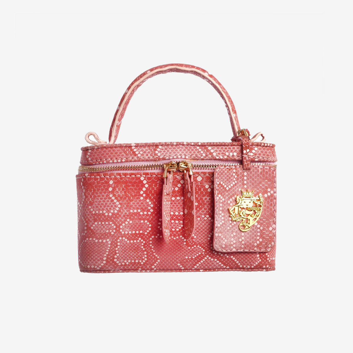 Pastel Matte Pink Snakeskin Zipper Vanity Bag with Mirror