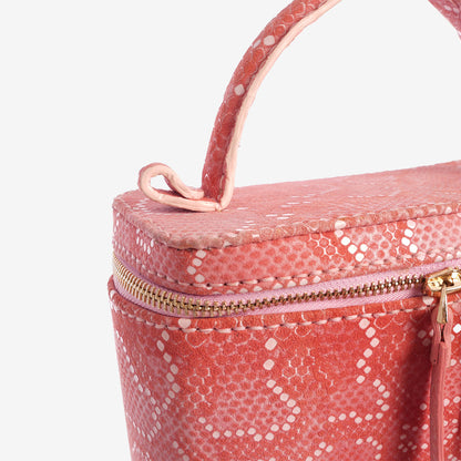 Pastel Matte Pink Snakeskin Zipper Vanity Bag with Mirror