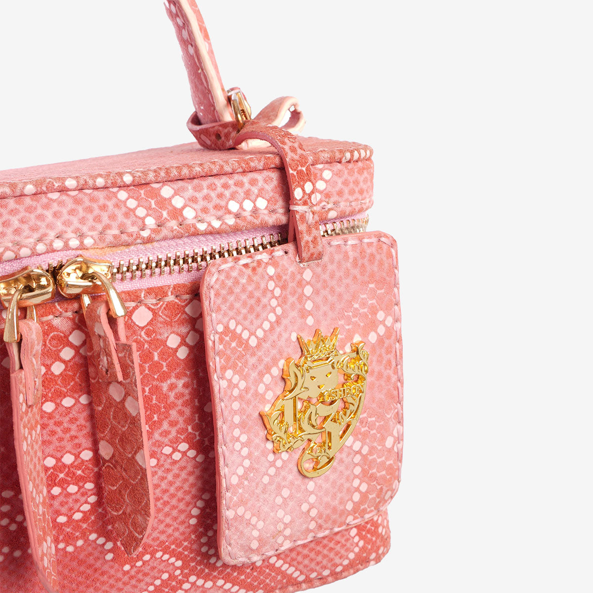 Pastel Matte Pink Snakeskin Zipper Vanity Bag with Mirror