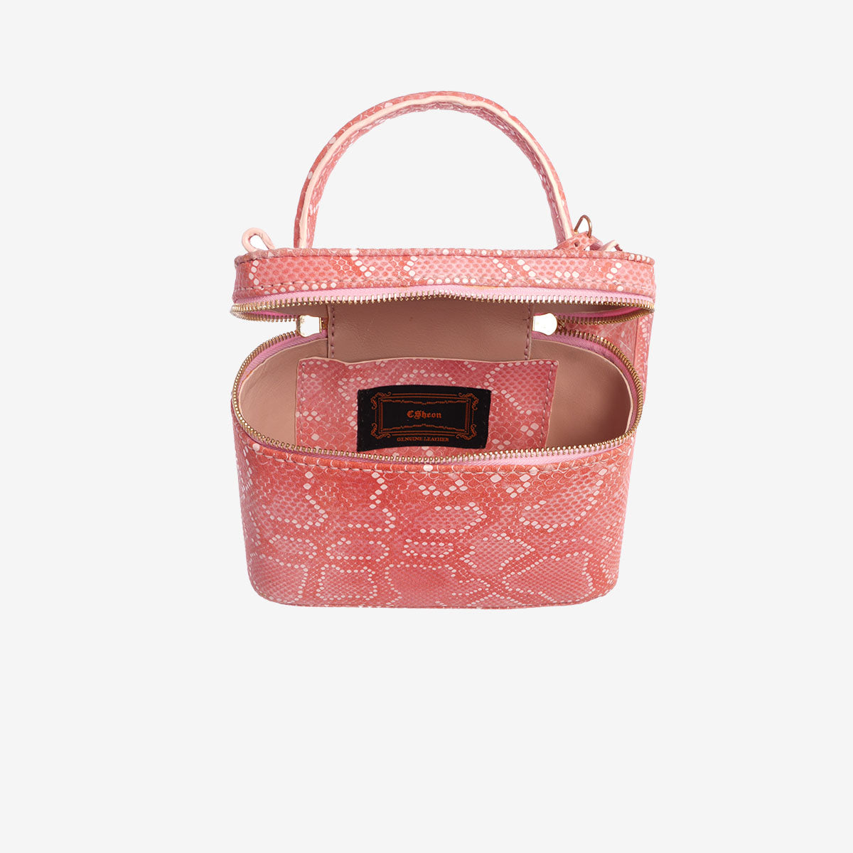 Pastel Matte Pink Snakeskin Zipper Vanity Bag with Mirror