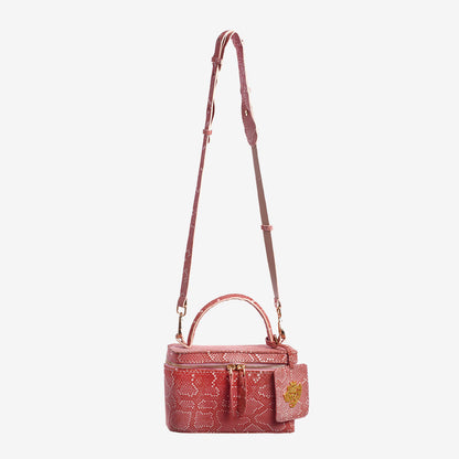 Pastel Matte Pink Snakeskin Zipper Vanity Bag with Mirror