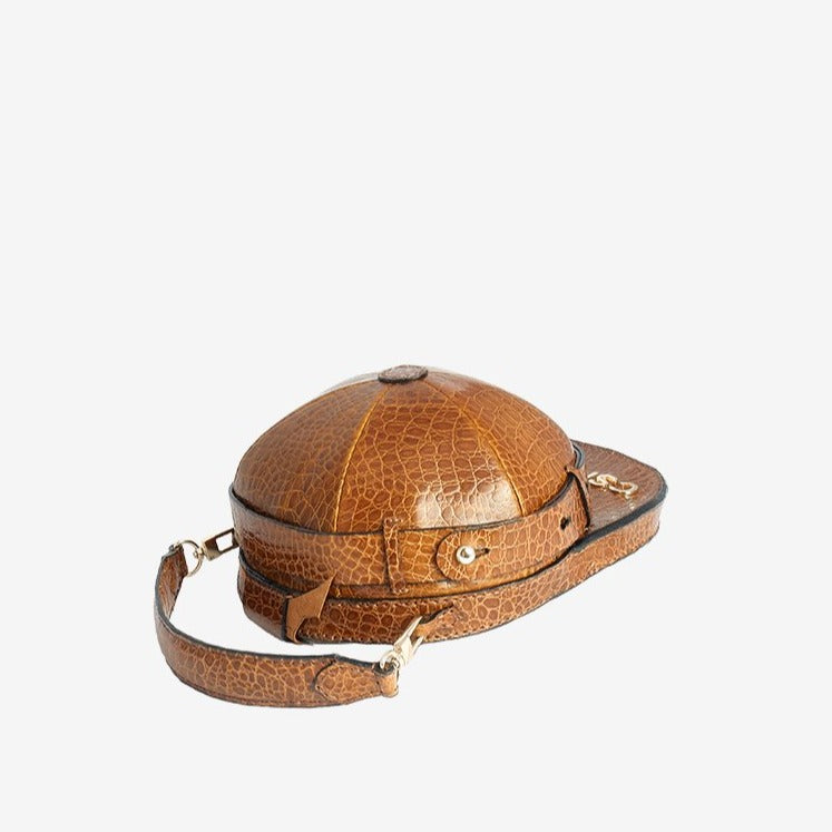 Baseball Cap Style Bag in Brown Crocskin Leather