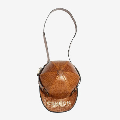 Baseball Cap Style Bag in Brown Crocskin Leather