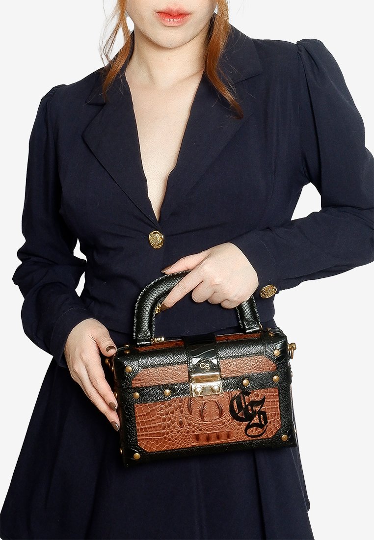 Trunk Handle Bag in Brown Crocskin with Shoulder Strap