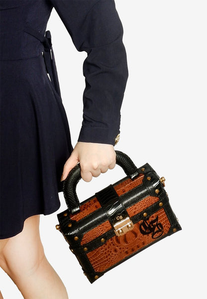 Trunk Handle Bag in Brown Crocskin with Shoulder Strap