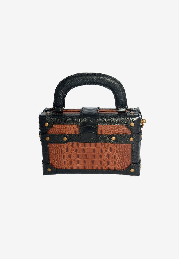 Trunk Handle Bag in Brown Crocskin with Shoulder Strap