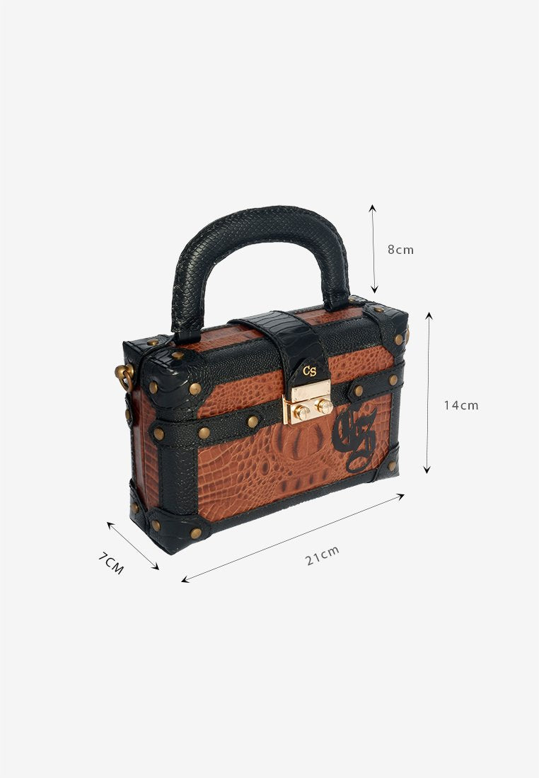 Trunk Handle Bag in Brown Crocskin with Shoulder Strap