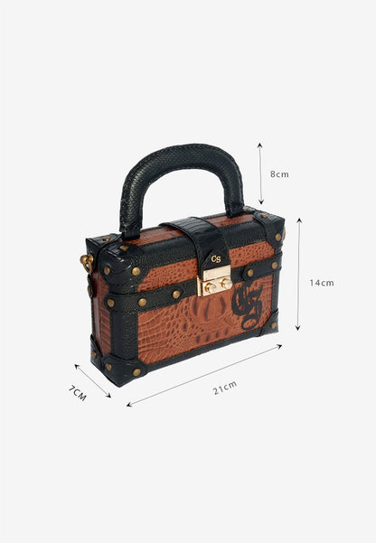 Trunk Handle Bag in Brown Crocskin with Shoulder Strap