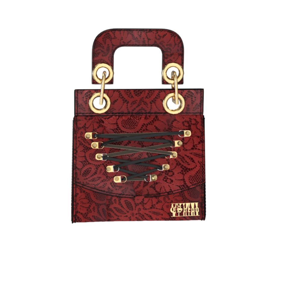 Celia Lace Up Bag in Red Lace Leather